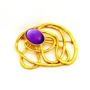 Vintage '80s Gold Tone Large Abstract Brooch With Purple Cabochon